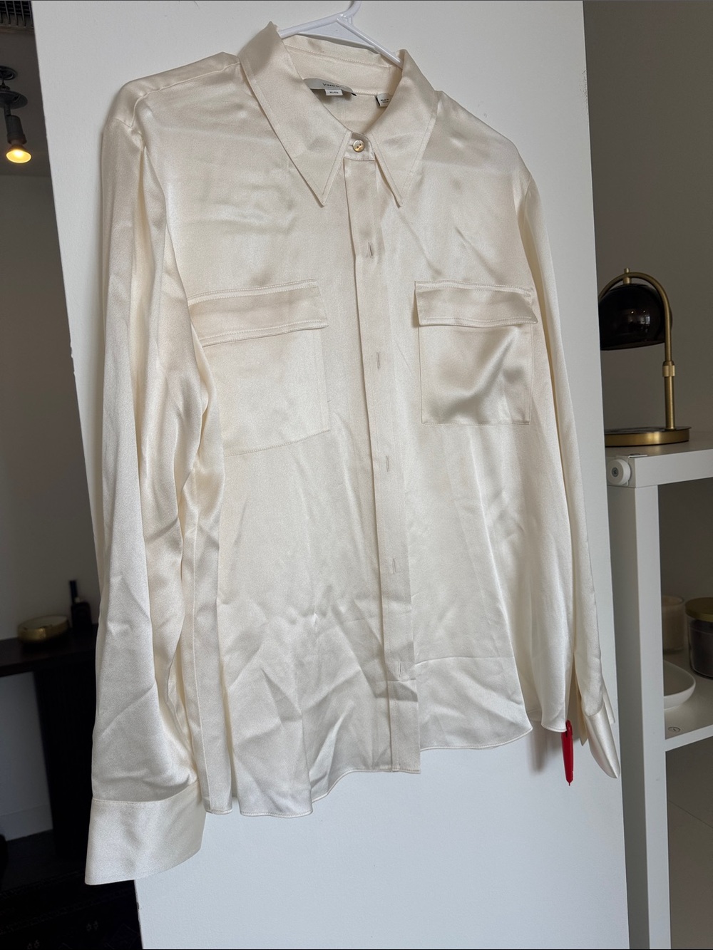 VINCE 100% Silk Satin Pocket Long Sleeve Button-Up Blouse Off-White Cream XL
